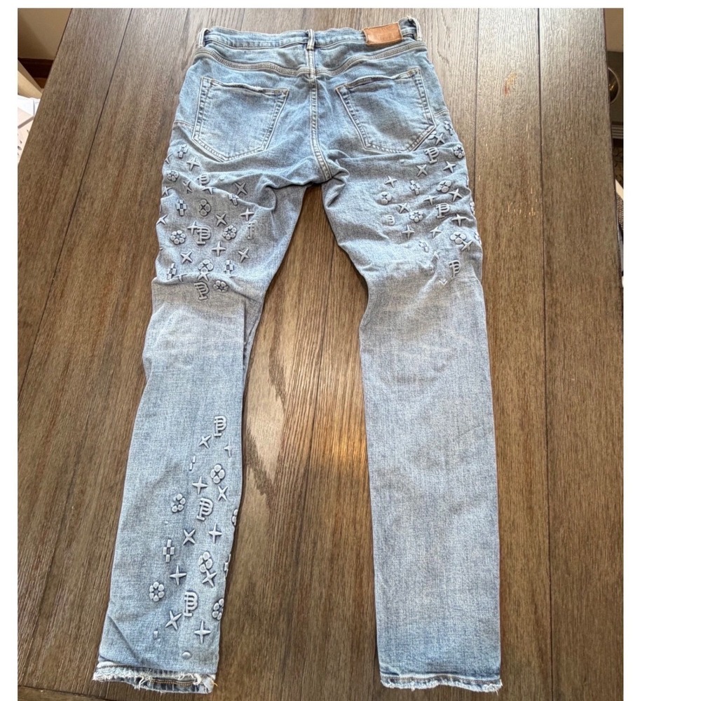 Purple Brand P001‎ Low Rise Slim Jeans Lt Indigo 3D Embossed Monogram Button Fly - Picture 2 of 16